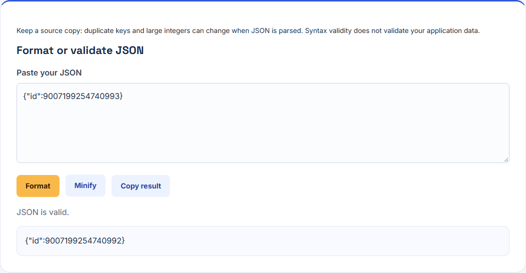 Recorded JSON formatter run showing the changed numeric identifier.