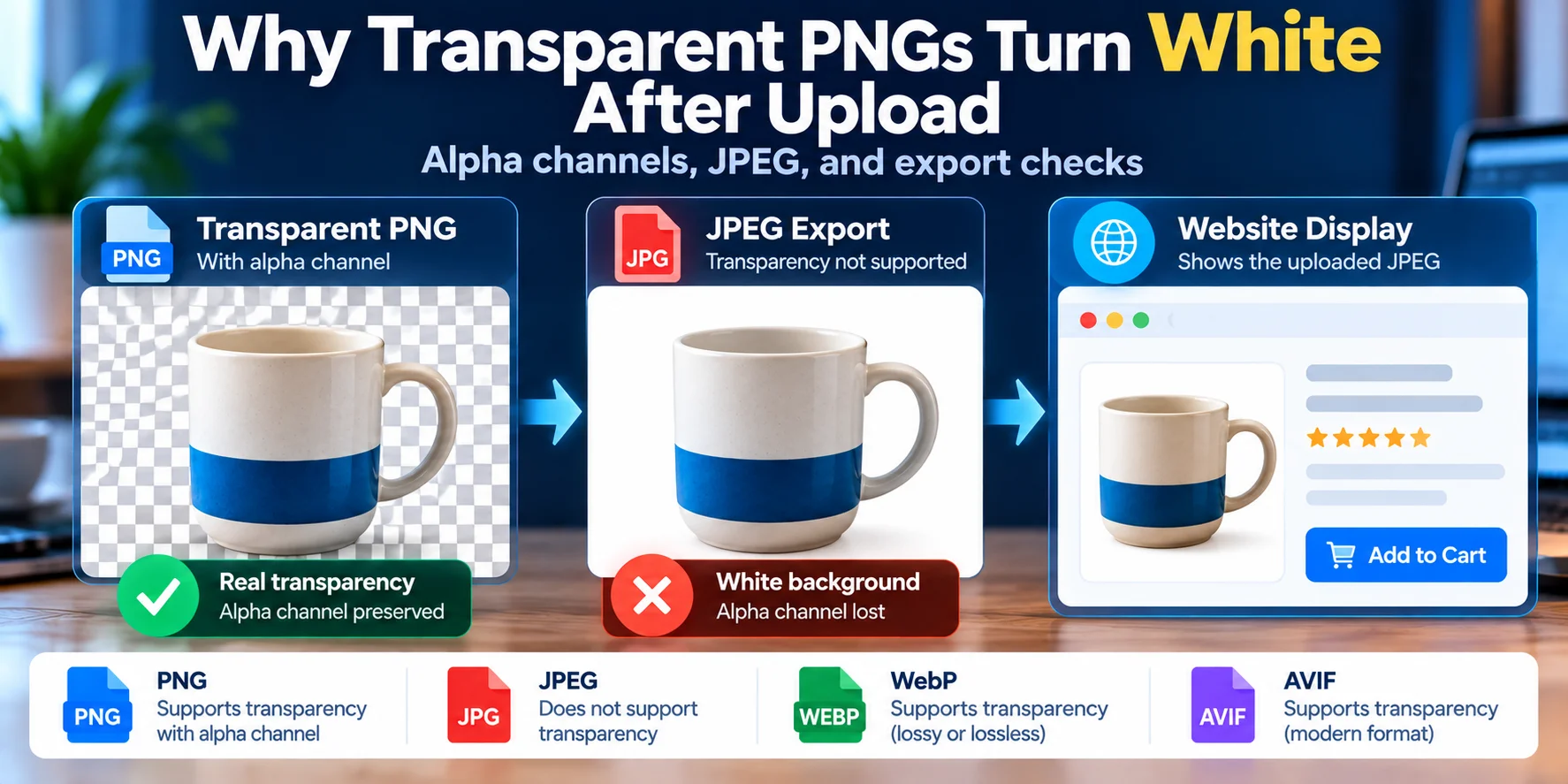 Comparison of a transparent PNG product cutout, an image flattened onto white during JPEG export, and the final website display, illustrating how alpha channels can be lost or preserved.