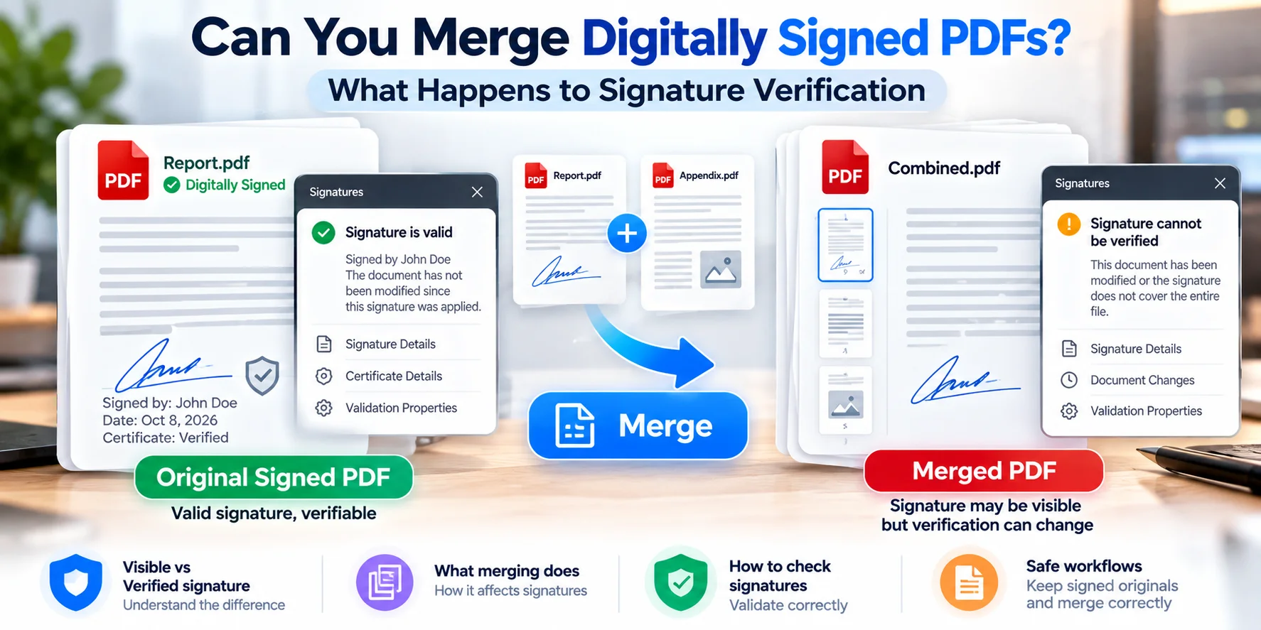 A digitally signed PDF beside a merged PDF, showing that a visible signature may remain while cryptographic verification must be checked separately.